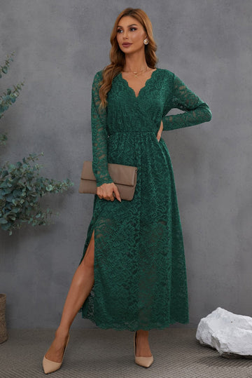 Vestido de baile de renda verde com mangas compridas
